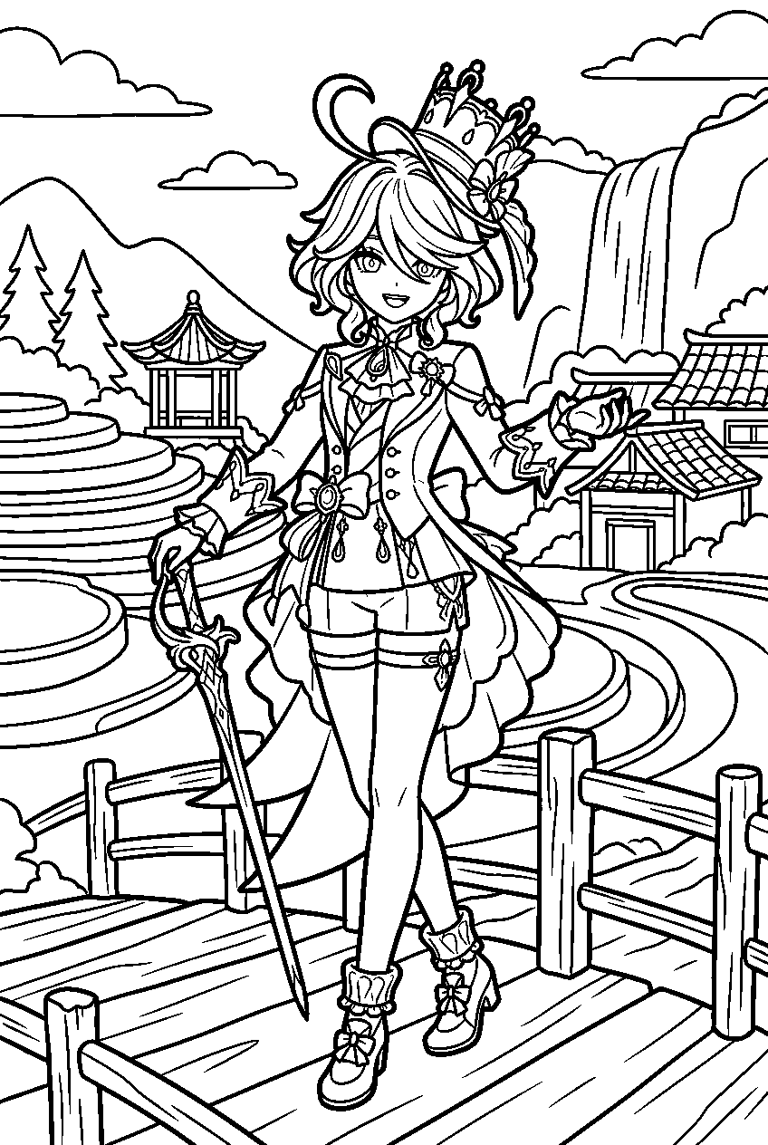 genshin impact furina posing in qingce village line art
