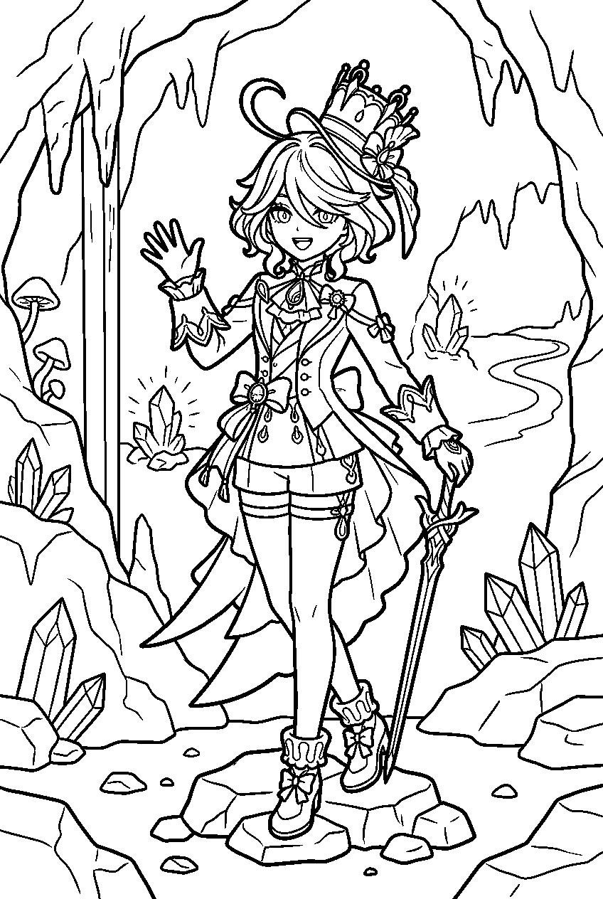 genshin impact furina posing in underground mines line art