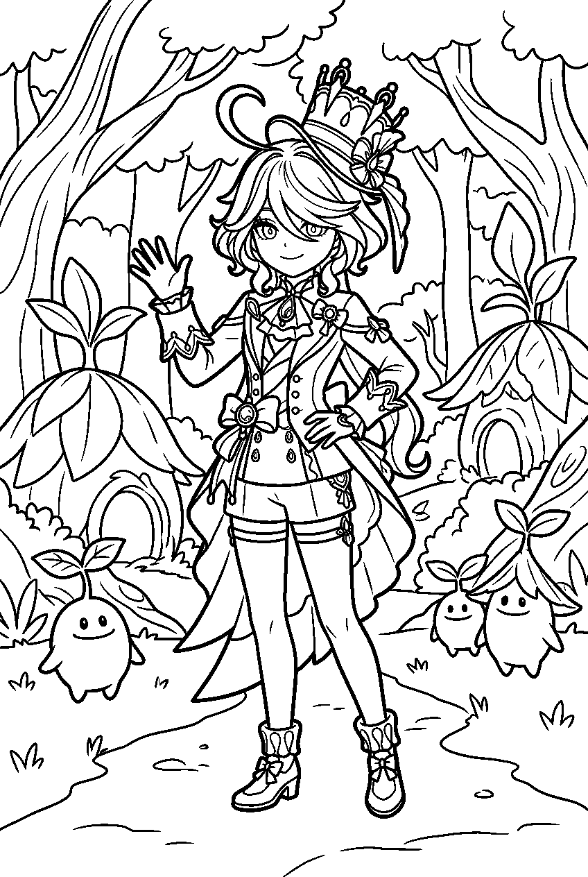 genshin impact furina posing in vanarana line art