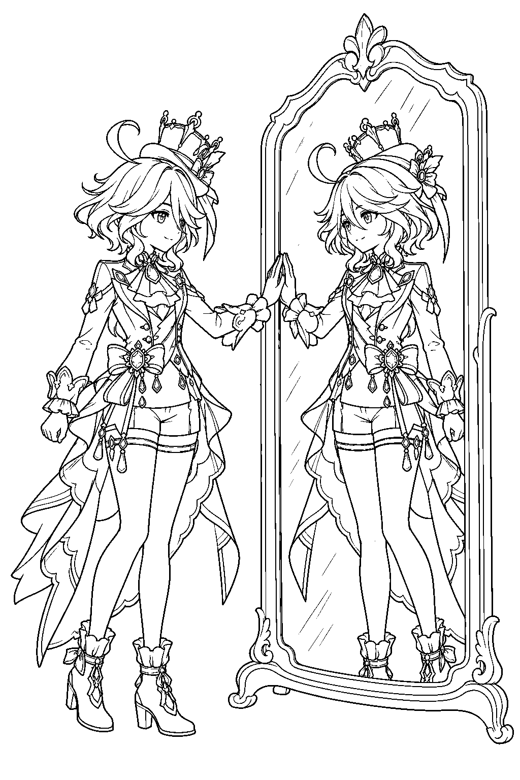 genshin impact furina reaching toward her reflection in a tall dressing room mirror line art