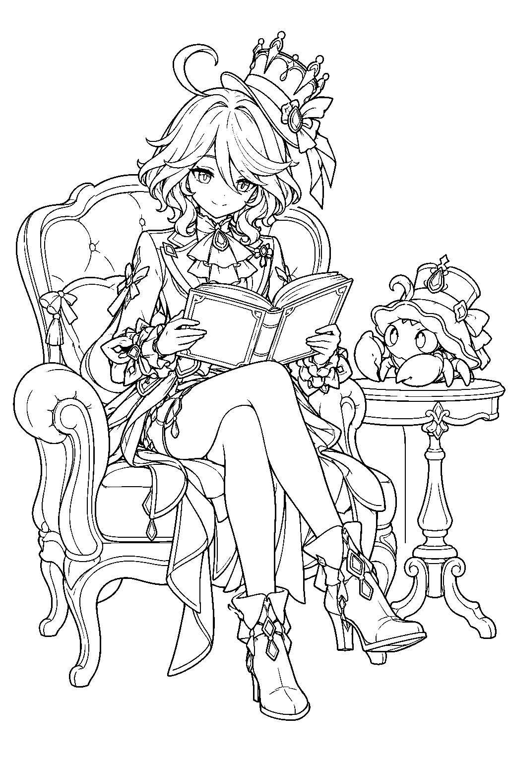 genshin impact furina reading a mansion mystery with mademoiselle crabaletta line art