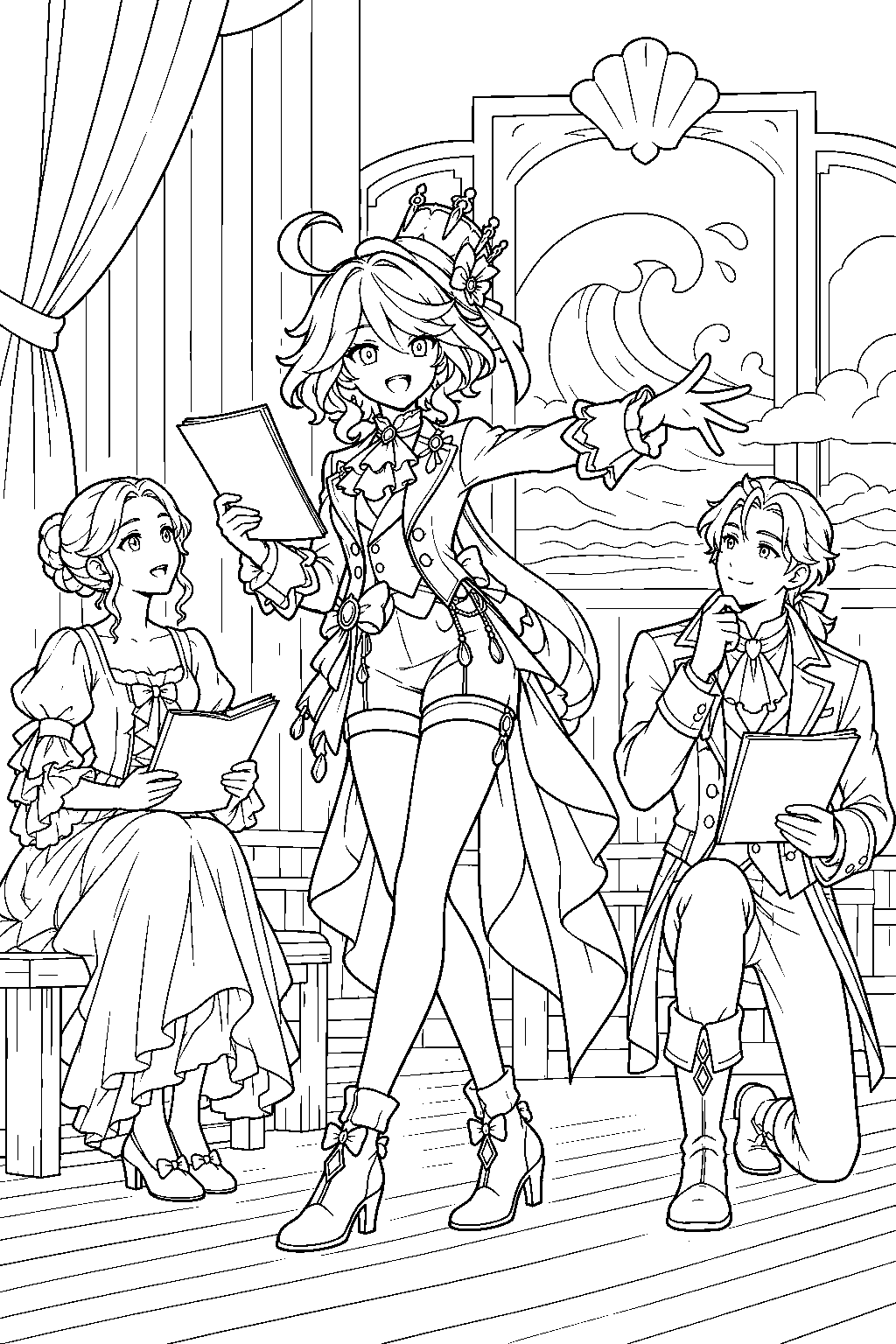 genshin impact furina rehearsing the little oceanid with the theater troupe line art