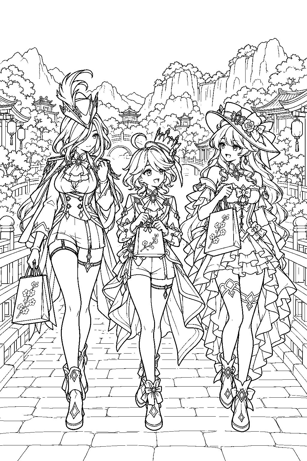 genshin impact furina returning from qiaoying village with navia and clorinde carrying souvenirs line art