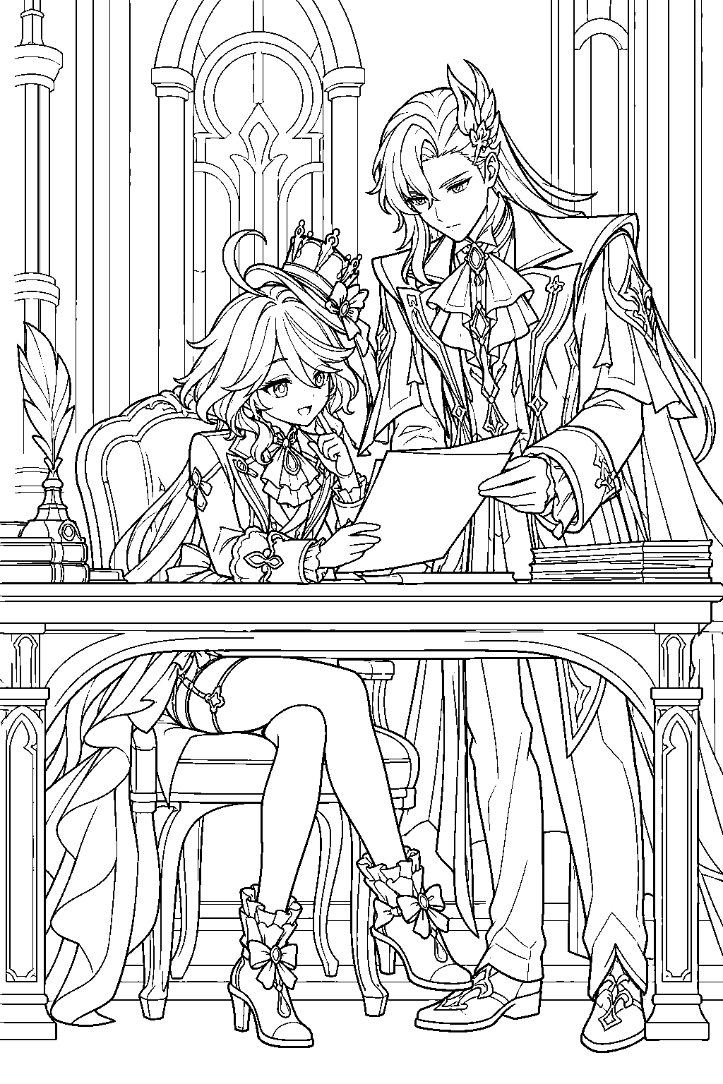 genshin impact furina reviewing court documents with neuvillette in the palais mermonia line art