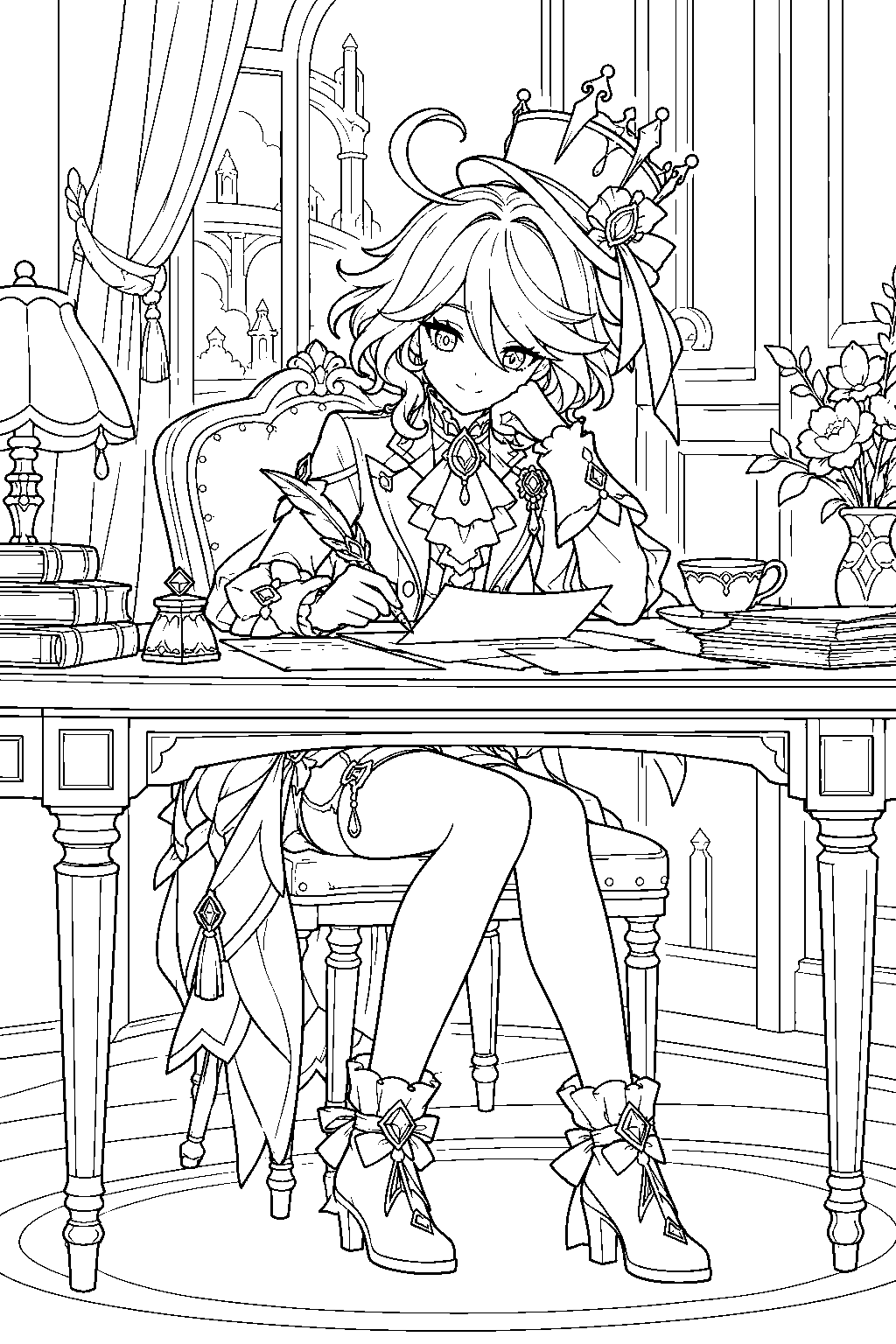 genshin impact furina revising a theater script at her apartment desk line art