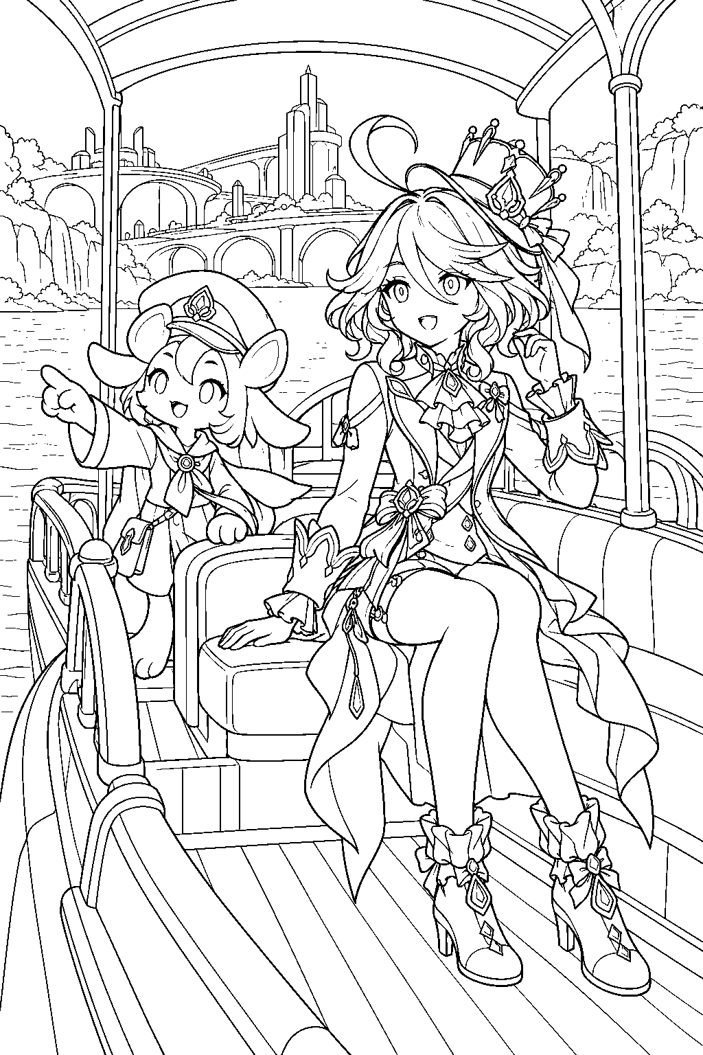genshin impact furina riding an aquabus with a melusine guide line art