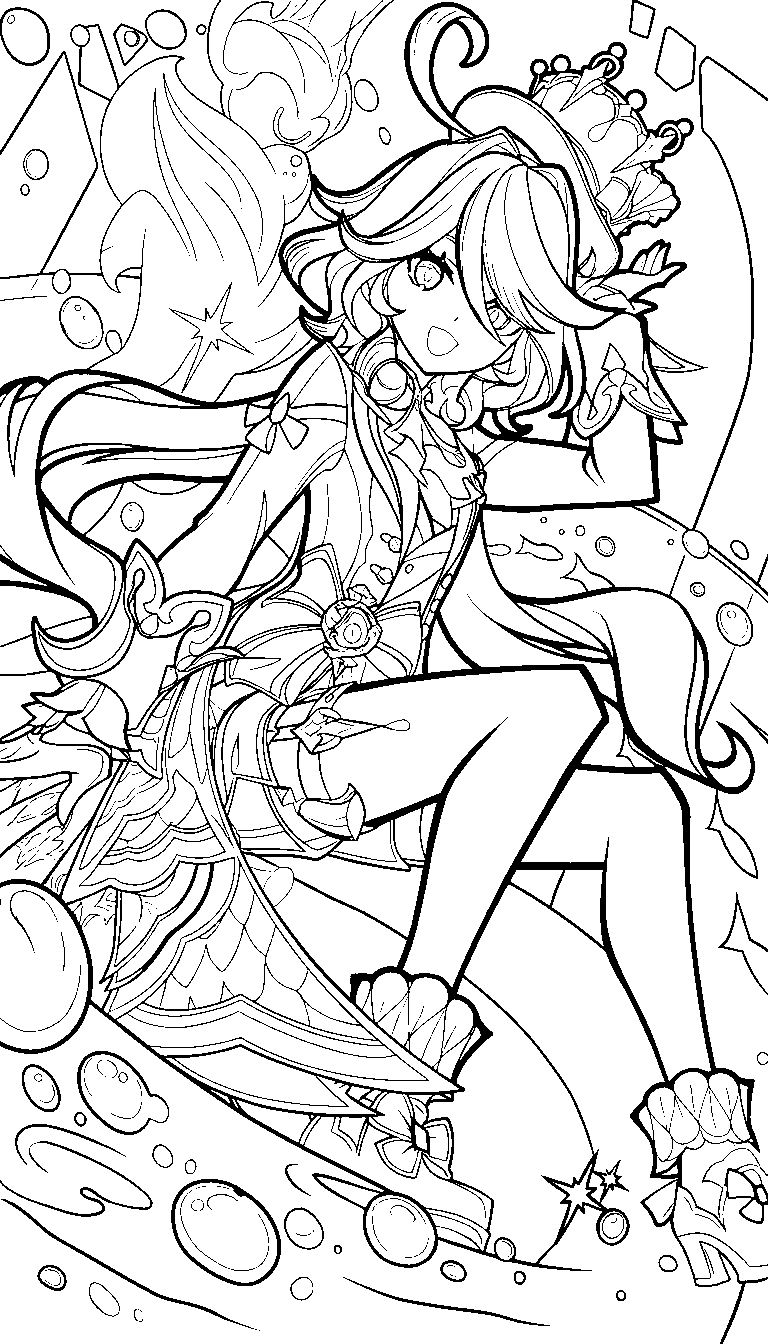 genshin impact furina riding wave line art magical ocean fanart