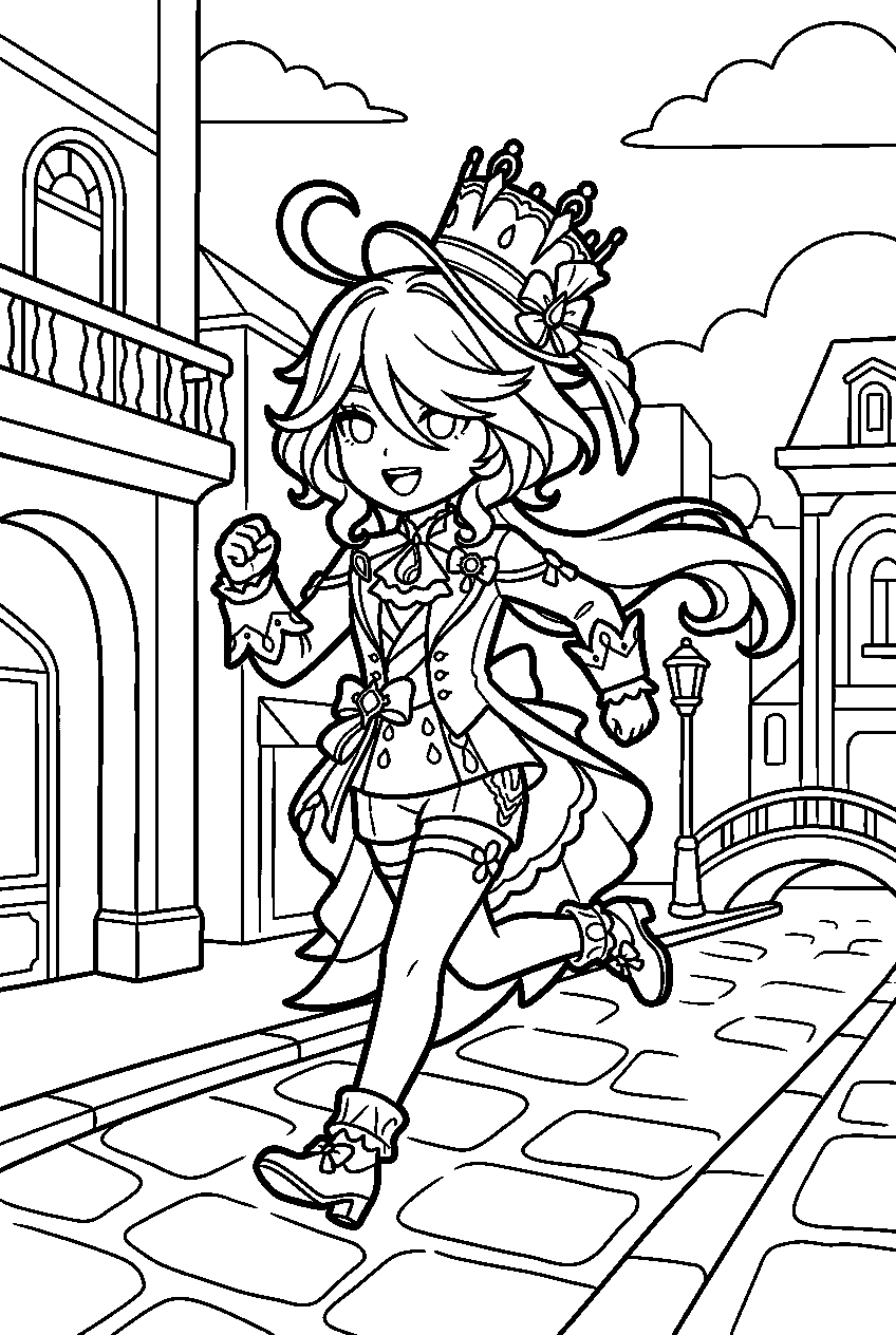genshin impact furina running in fontaine city line art