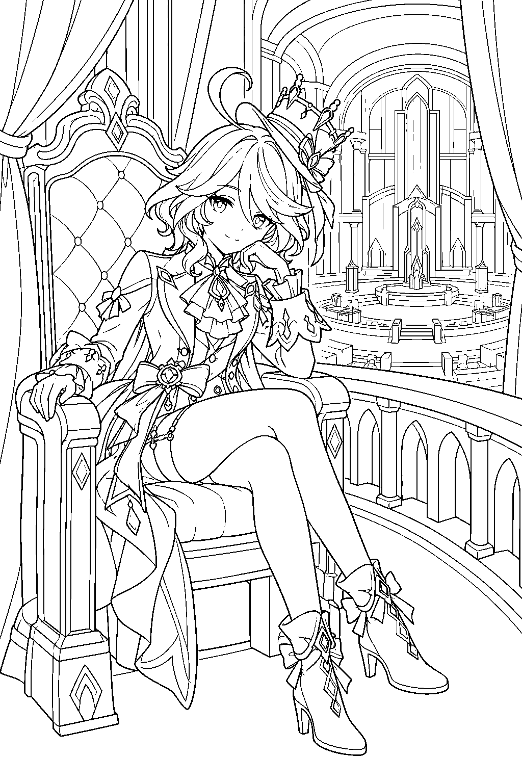 genshin impact furina seated in her high theater box above the opera epiclese courtroom line art