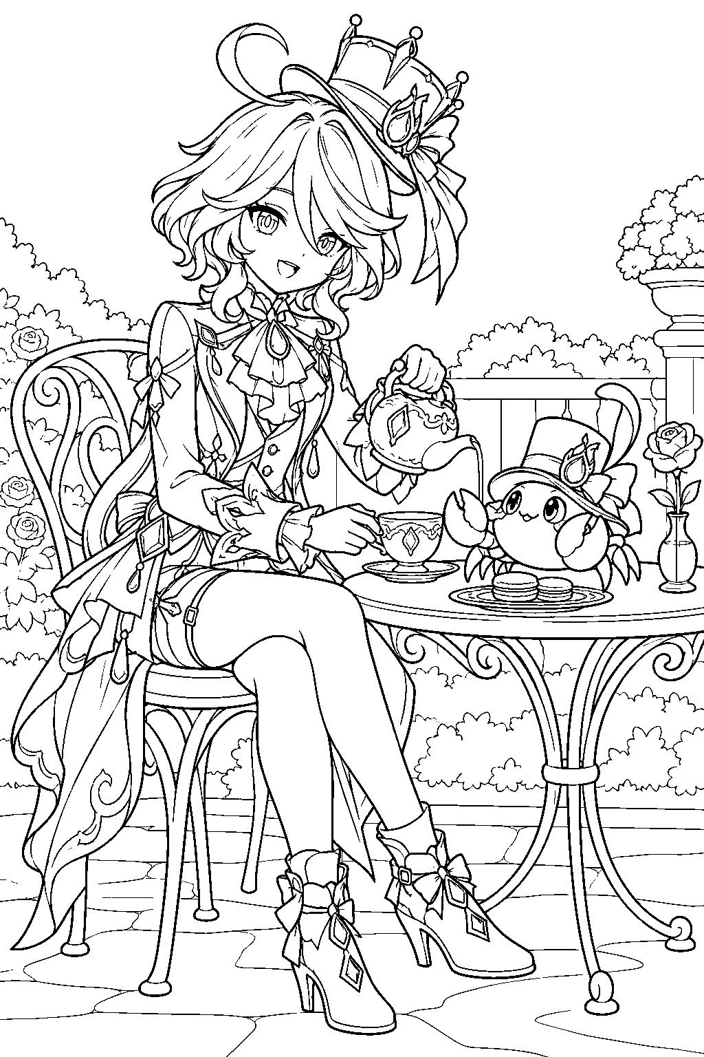 genshin impact furina serving tea to mademoiselle crabaletta at a garden table line art