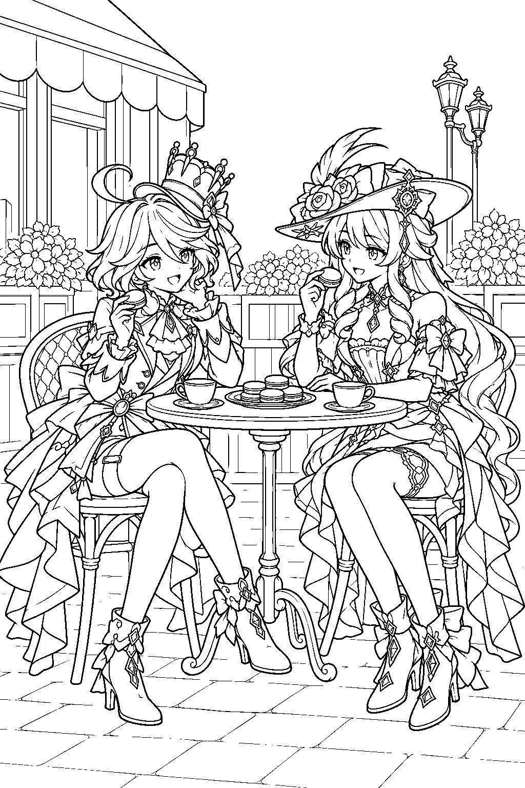 genshin impact furina sharing macarons with navia at cafe lutece line art
