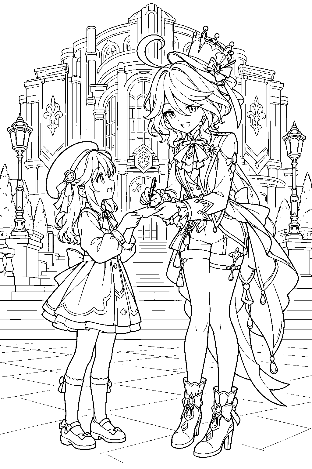 genshin impact furina signing an autograph for a fan outside the opera house line art