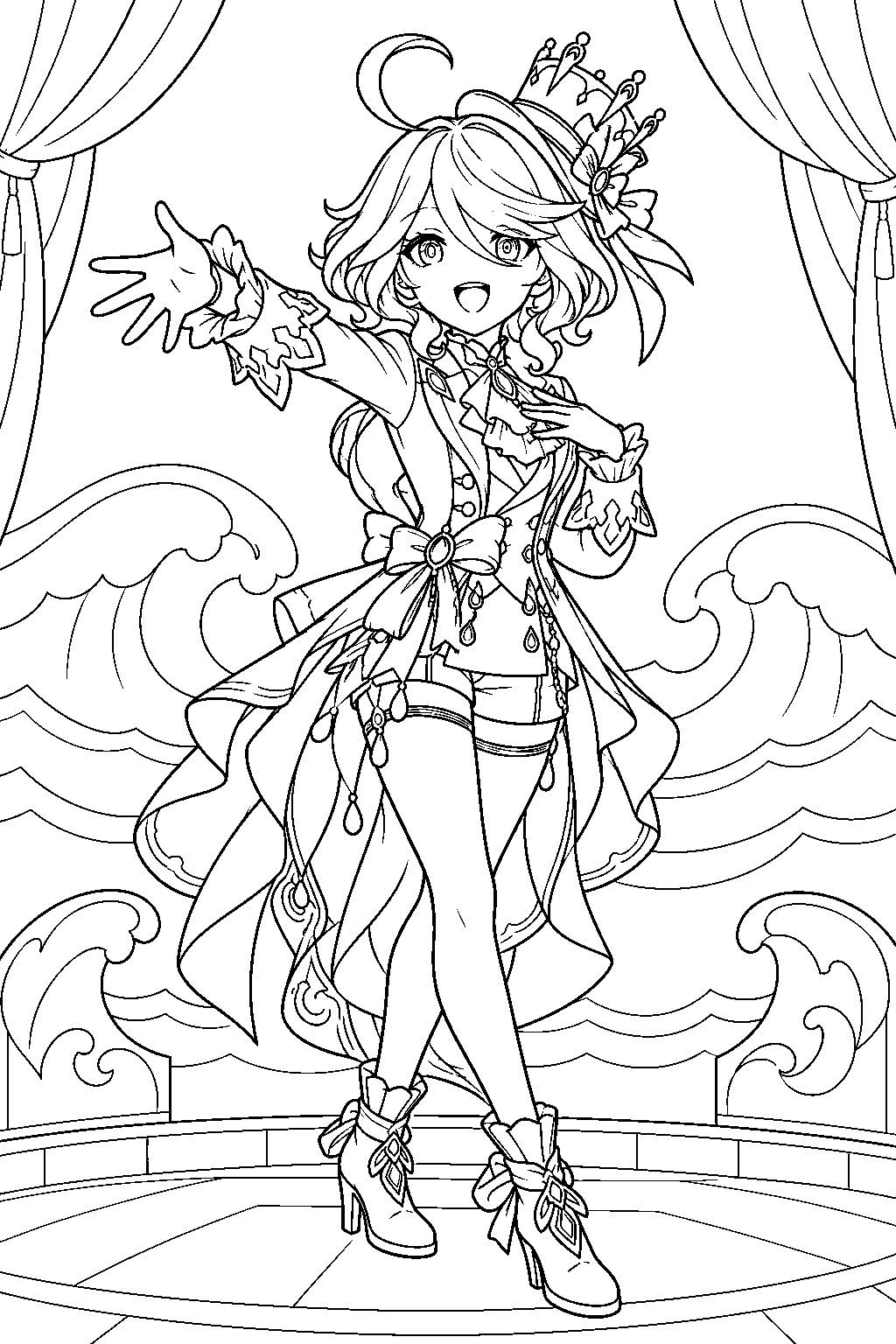 genshin impact furina singing la vaguelette in the little oceanid line art