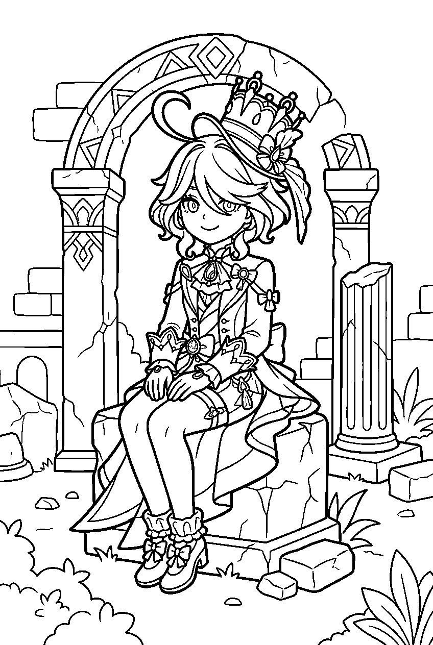 genshin impact furina sitting in ancient ruins line art