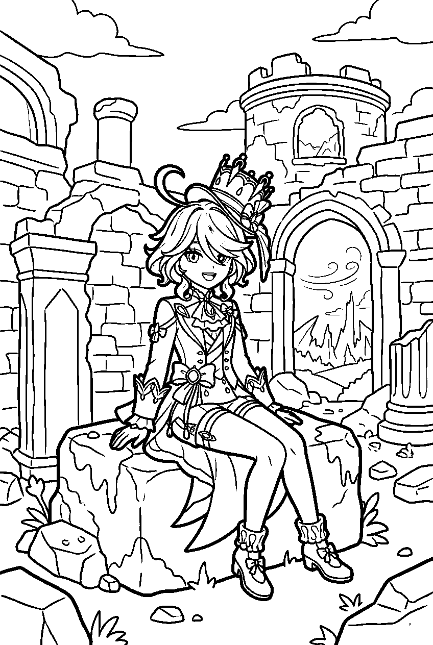 genshin impact furina sitting in stormterror s lair line art