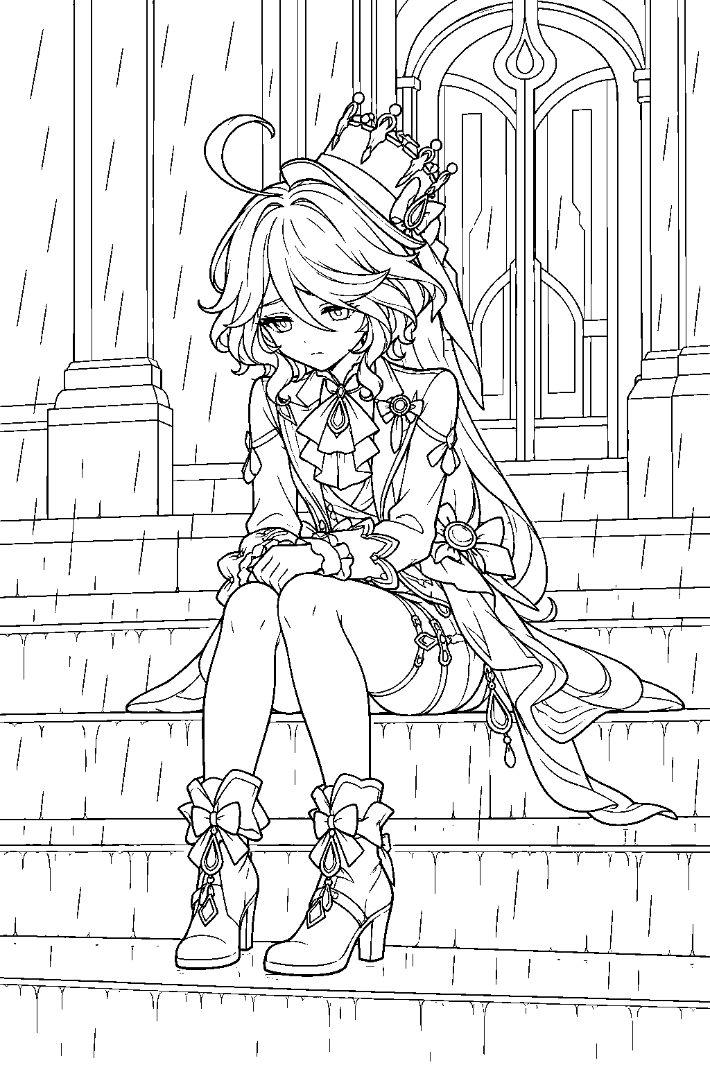 genshin impact furina sitting sadly on the opera steps in the rain line art