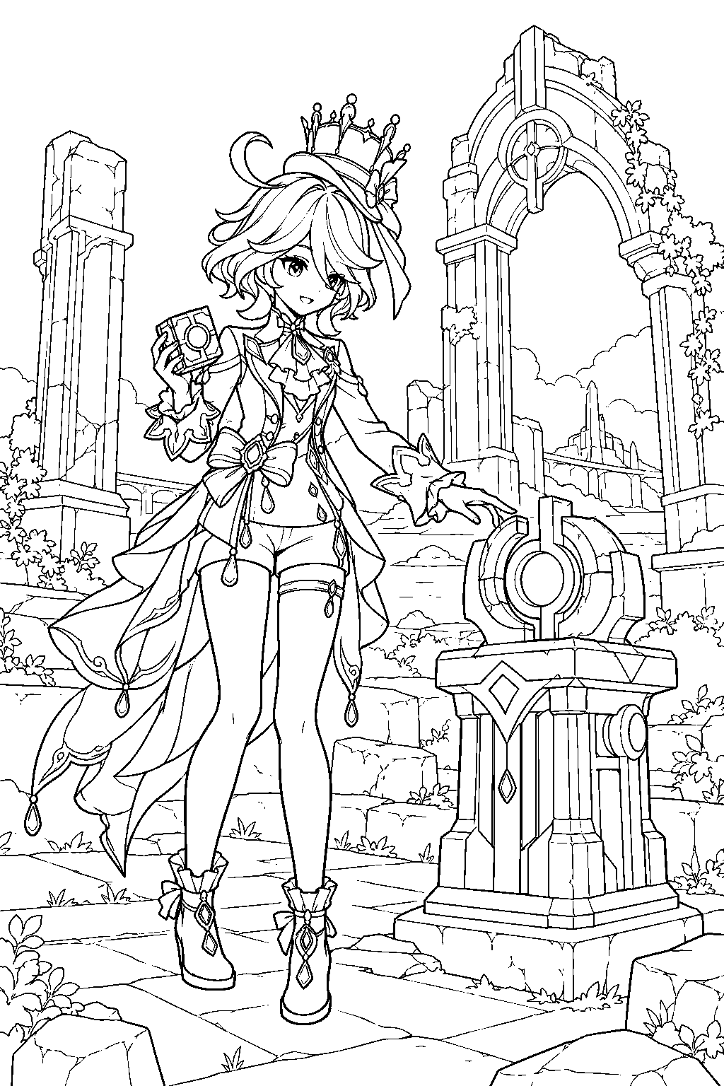genshin impact furina solving a pneumousia energy puzzle beside ancient fontaine ruins line art