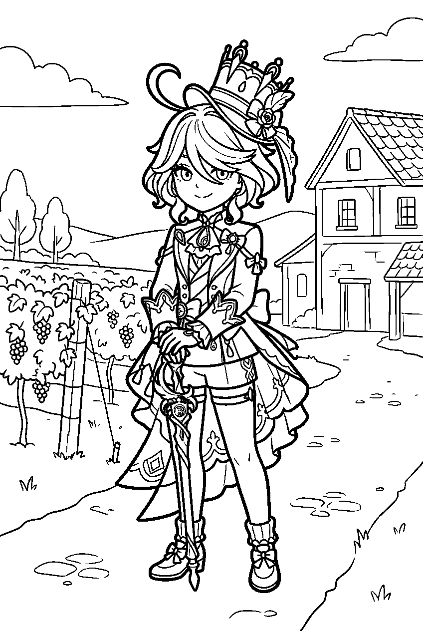 genshin impact furina standing in dawn winery line art