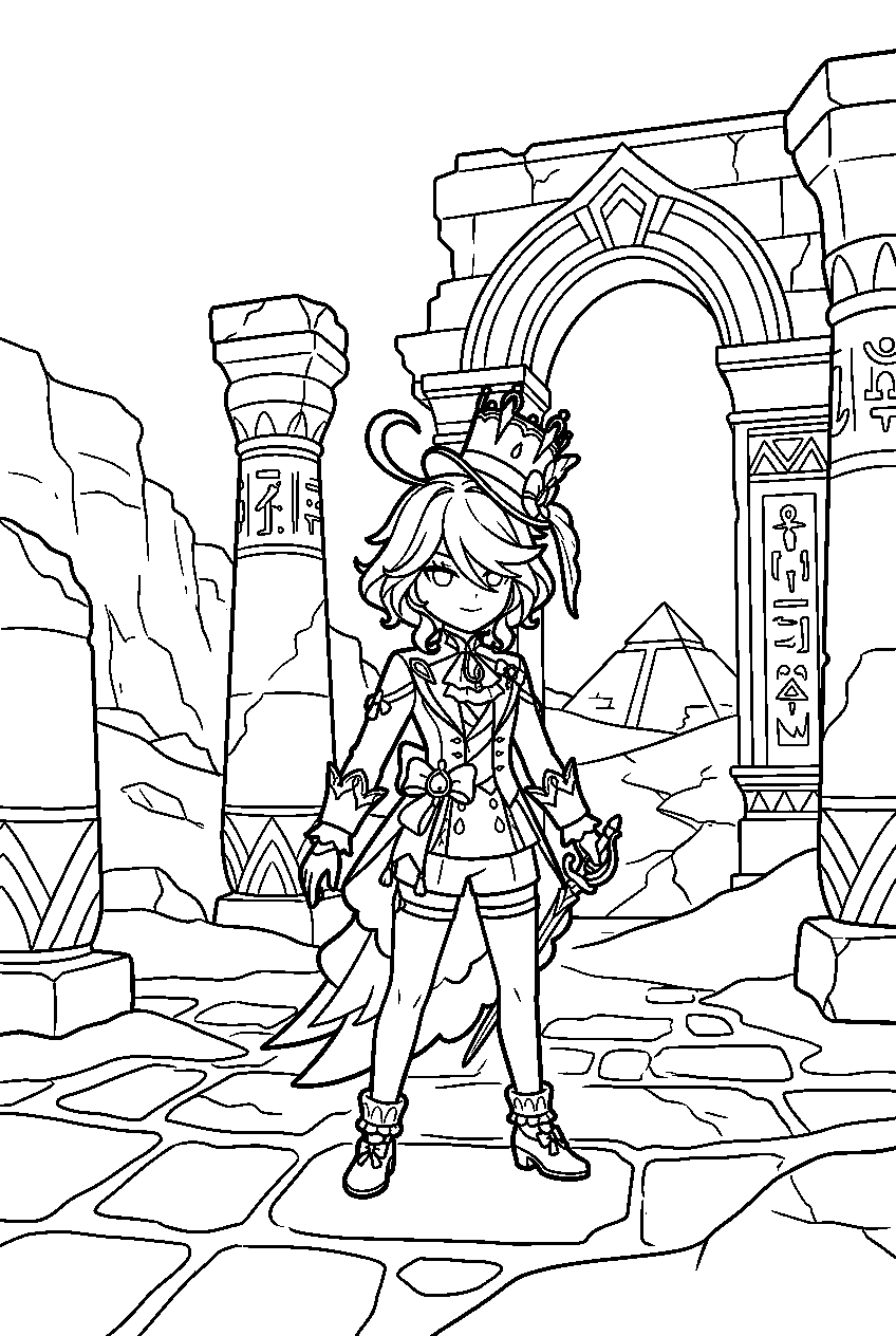 genshin impact furina standing in king deshret ruins line art