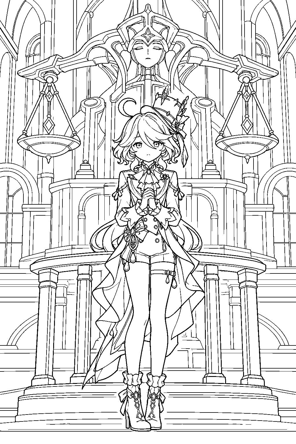 genshin impact furina standing on trial before the oratrice mecanique d analyse line art