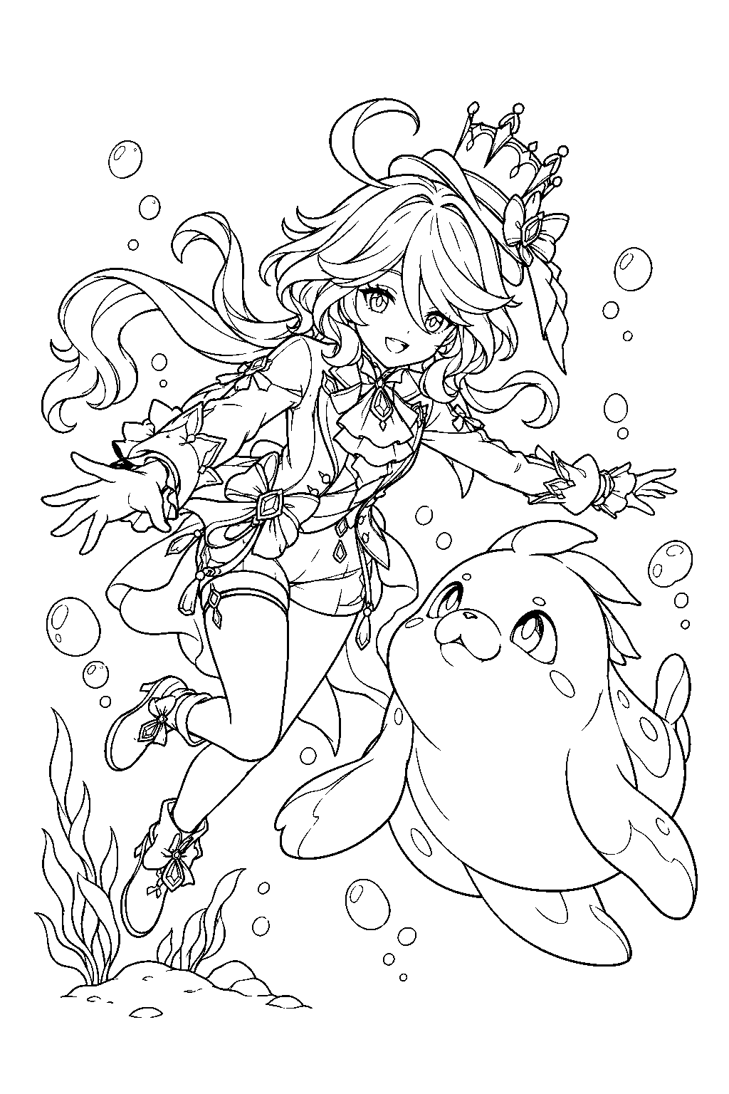 genshin impact furina swimming underwater beside a blubberbeast in fontaine line art
