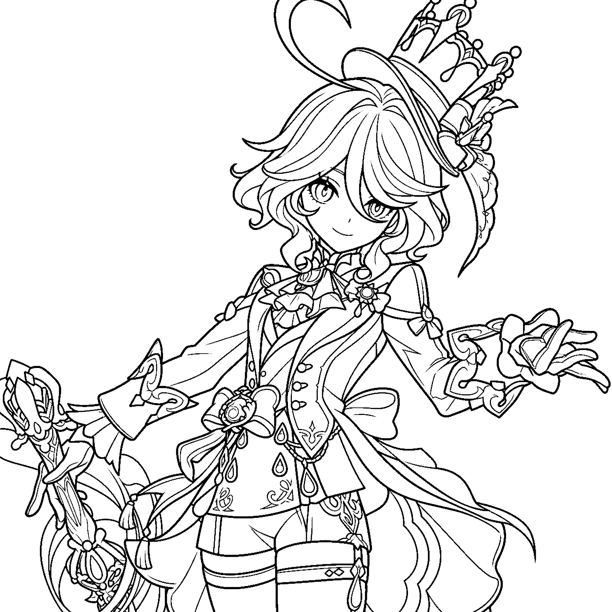 genshin impact furina sword pose line art elegant fontaine sheet