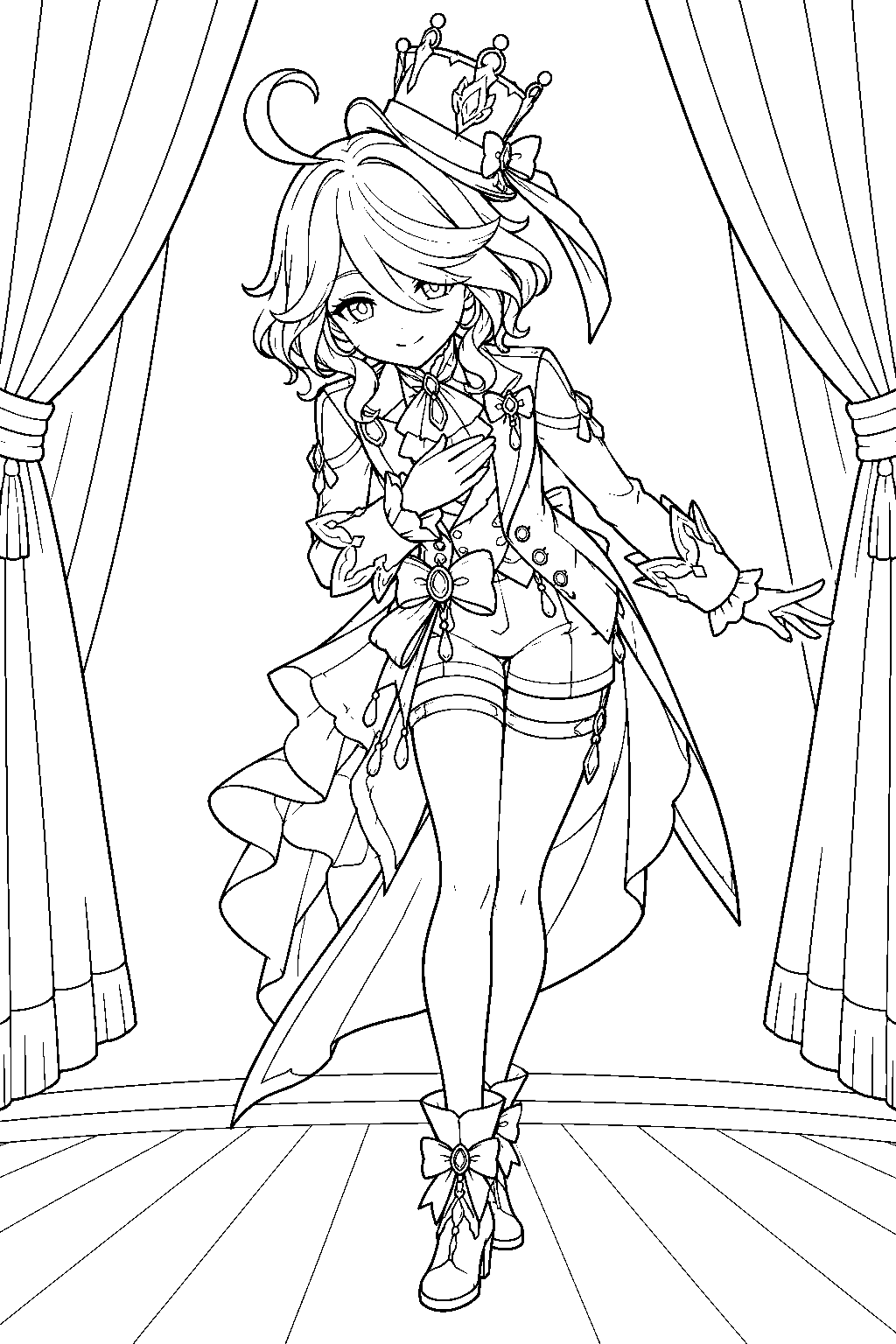 genshin impact furina taking a theatrical bow on the opera epiclese stage line art