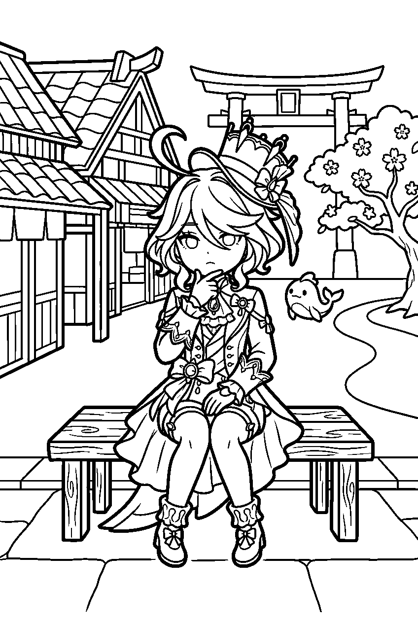 genshin impact furina thinking in inazuma city line art