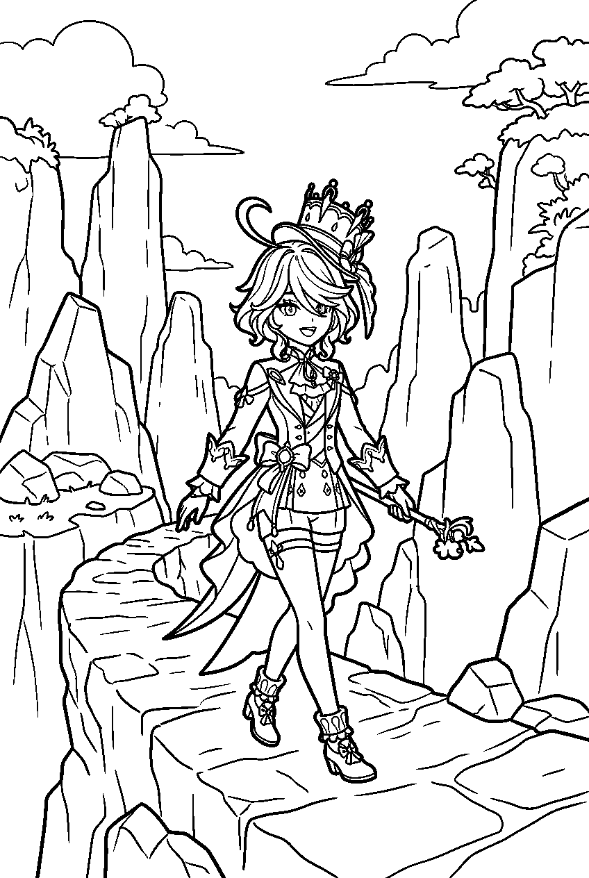 genshin impact furina walking among stone forests of liyue line art