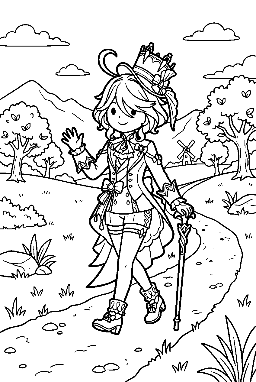 genshin impact furina walking in starfell valley line art