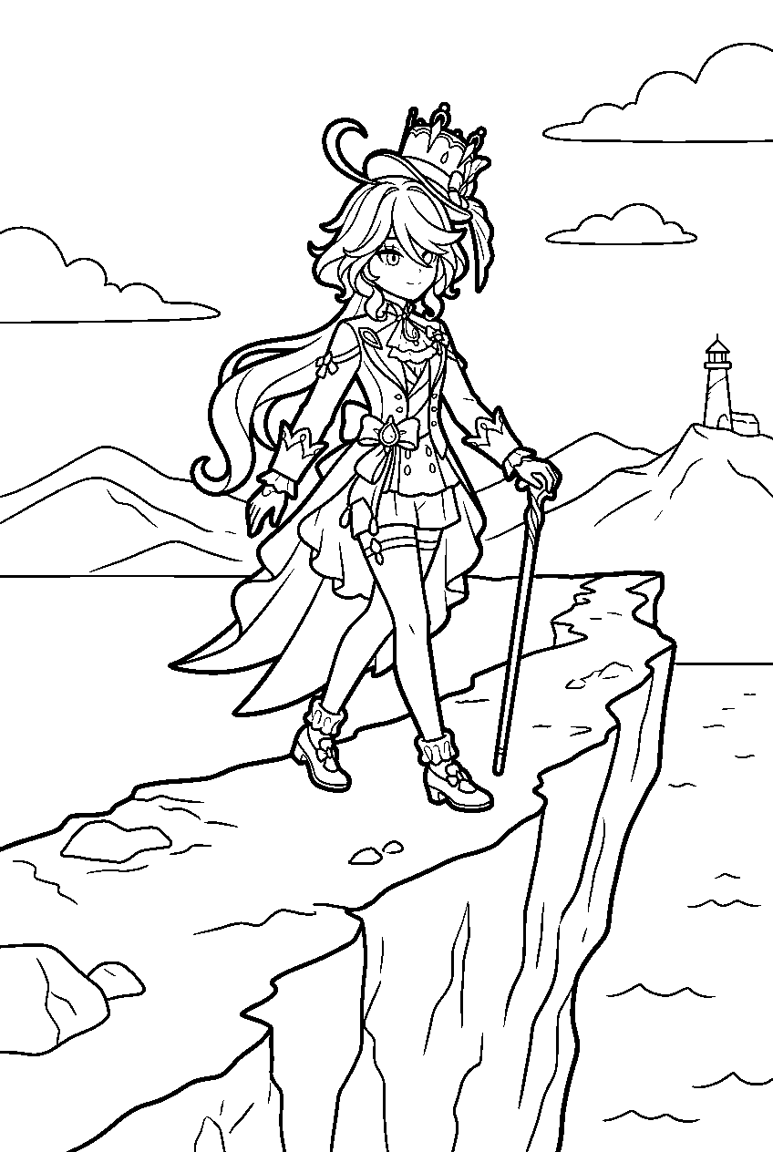 genshin impact furina walking on cliff line art