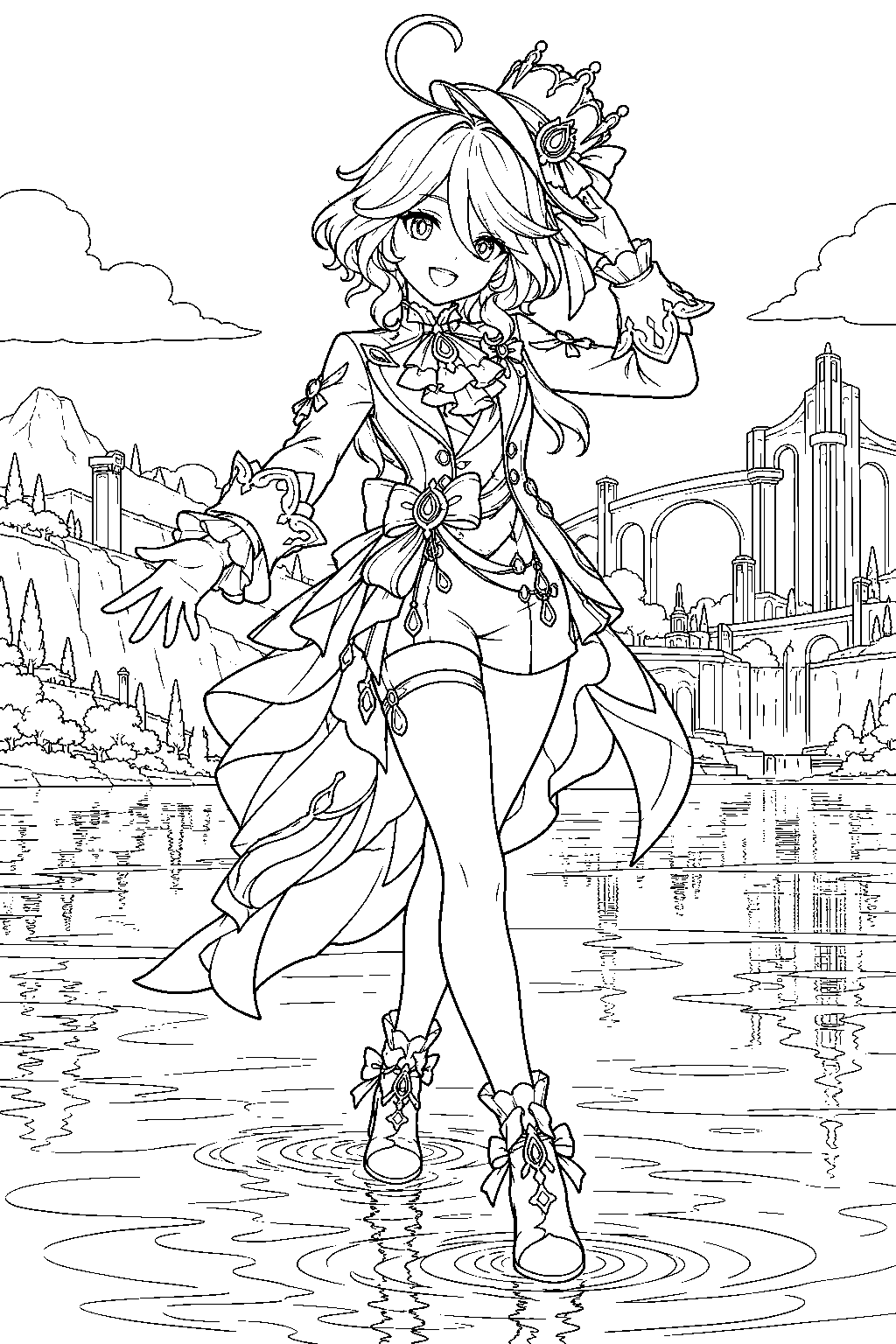 genshin impact furina walking on the surface of a lake in fontaine line art