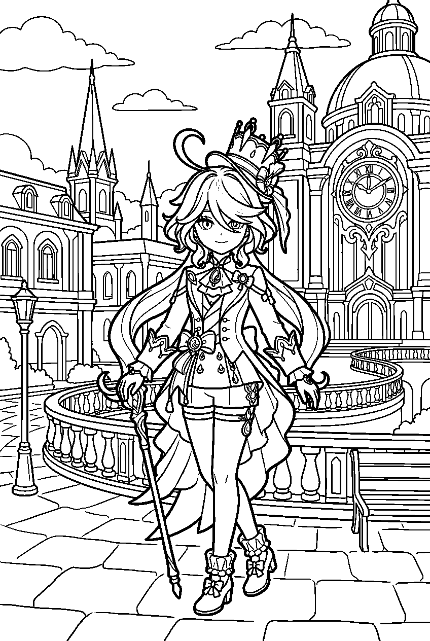 genshin impact furina watching in fontaine court line art