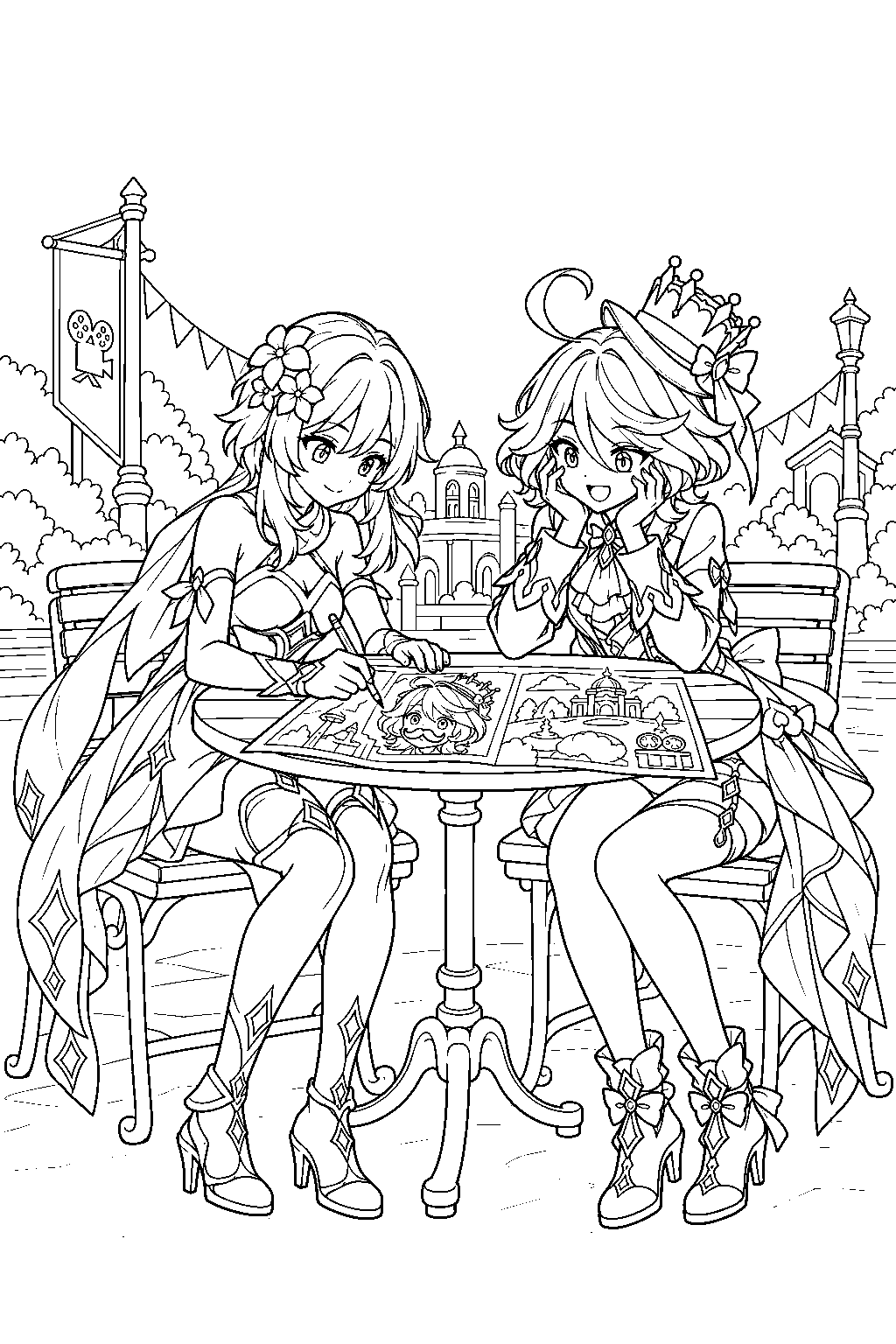 genshin impact furina watching lumine draw a mustache on her portrait in the film park souvenir map line art