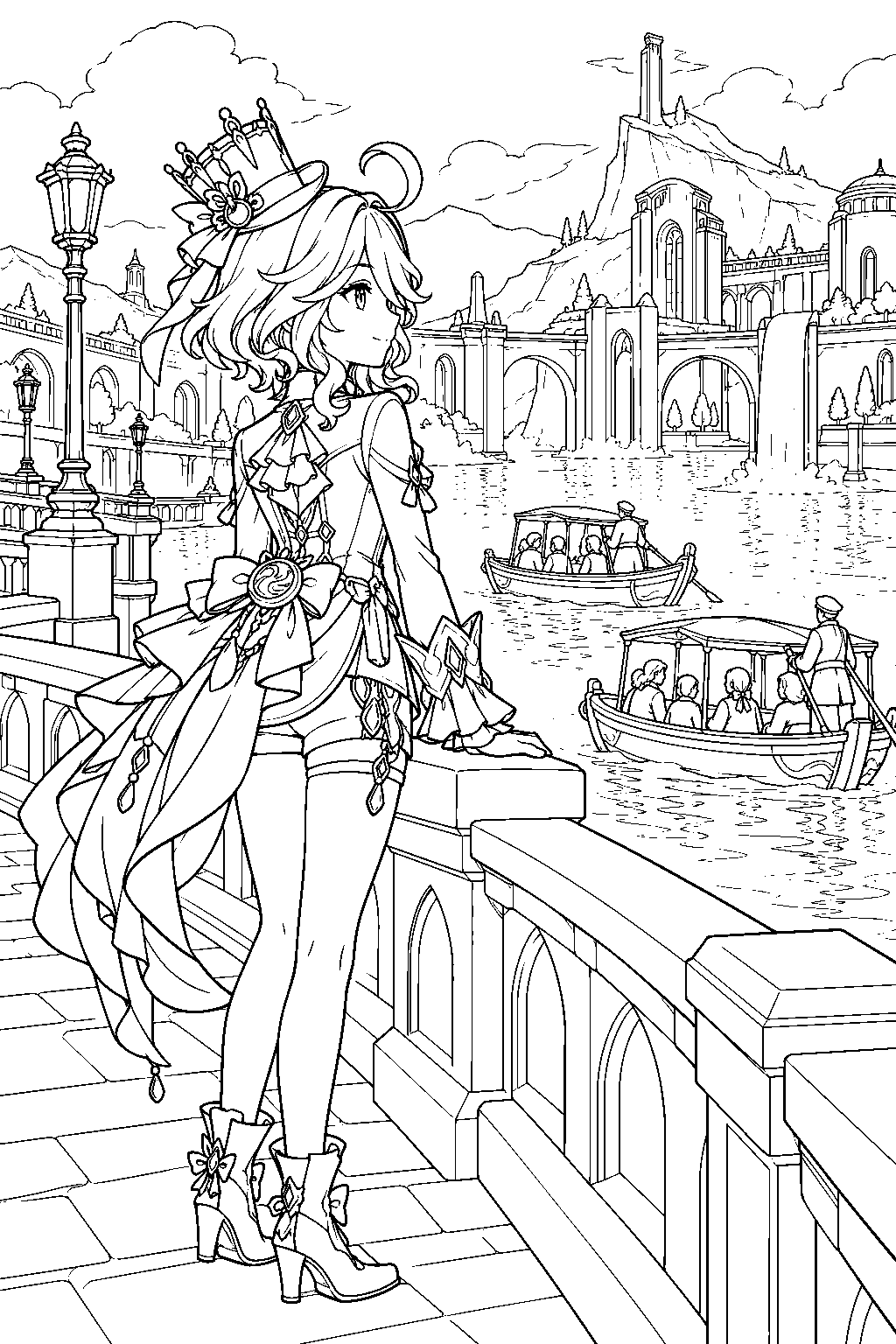 genshin impact furina watching rescue boats after the flood in fontaine line art