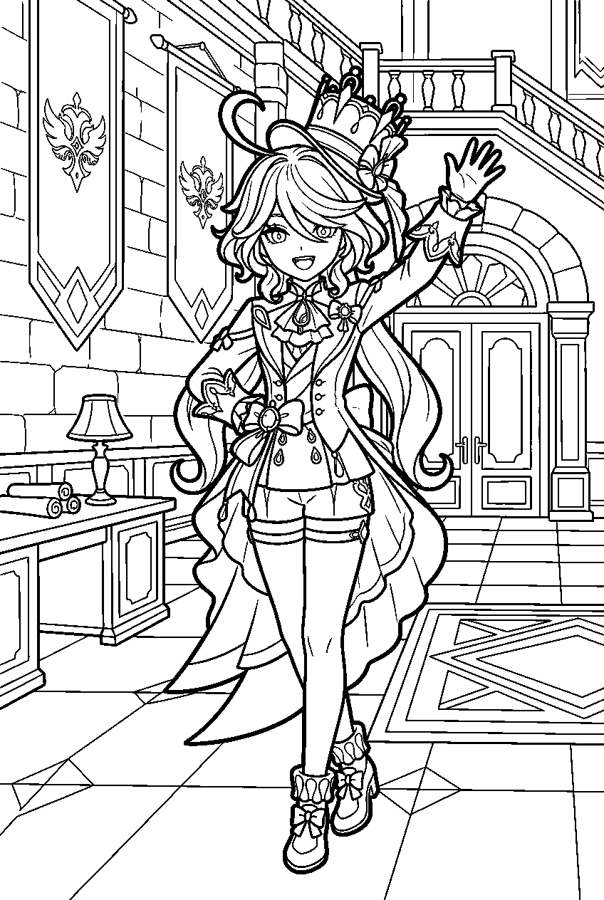 genshin impact furina waving in knights of favonius headquarters line art