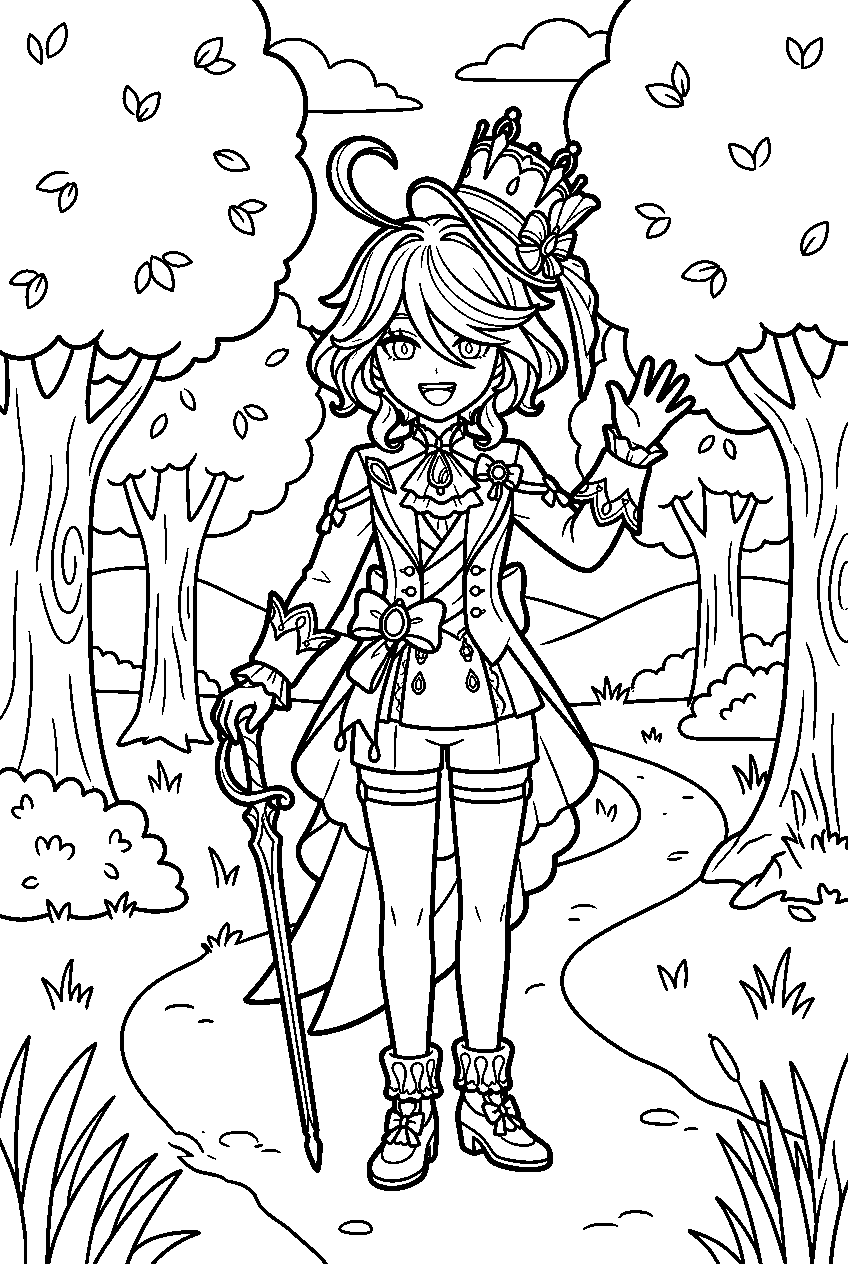 genshin impact furina waving in whispering woods line art
