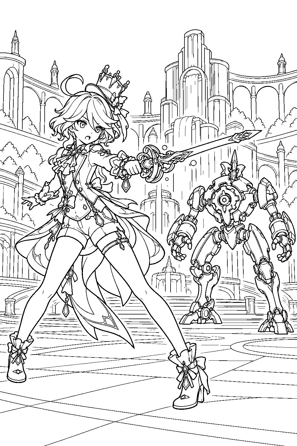genshin impact furina wielding splendor of tranquil waters against a clockwork meka line art
