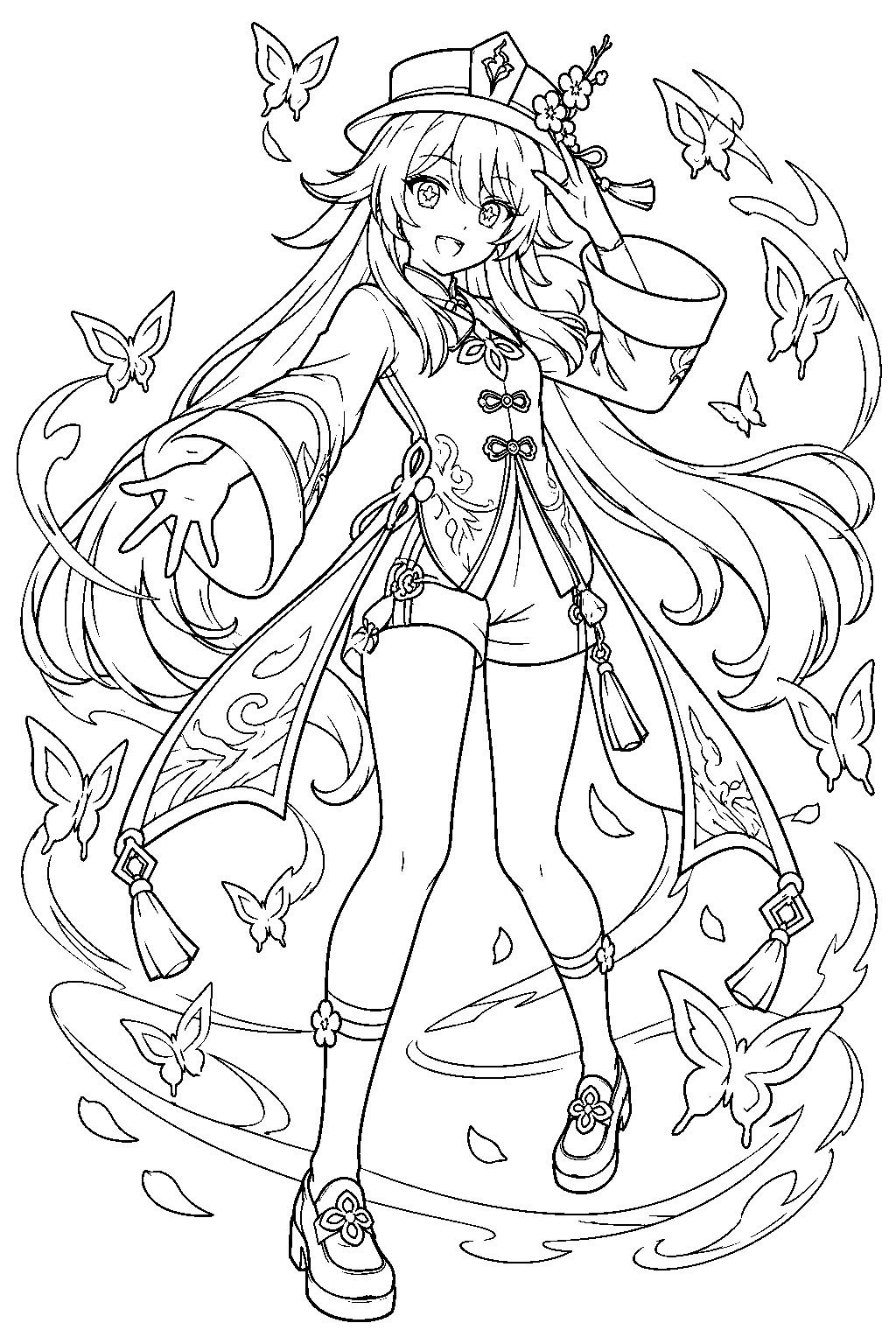 genshin impact hu tao activating guide to afterlife amid pyro butterflies line art