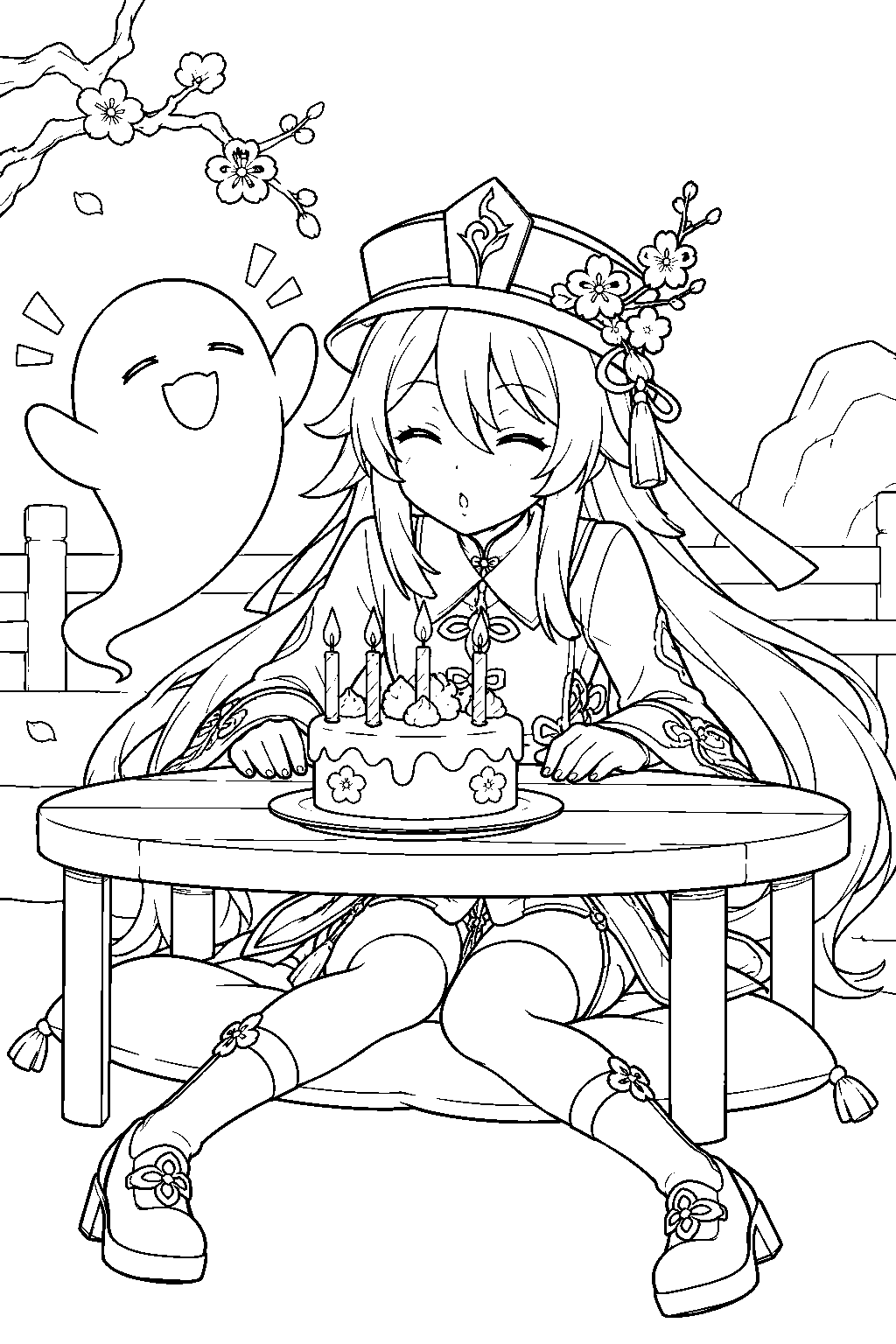 genshin impact hu tao blowing out birthday candles while her ghost companion cheers line art