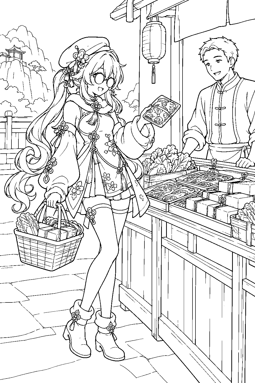genshin impact hu tao buying hotpot ingredients from bolai in her cherries snow laden outfit line art