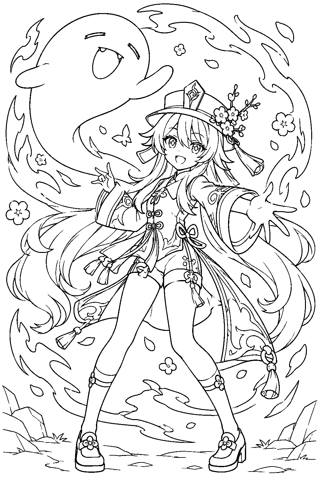 genshin impact hu tao casting spirit soother with a swirling blazing ghost line art