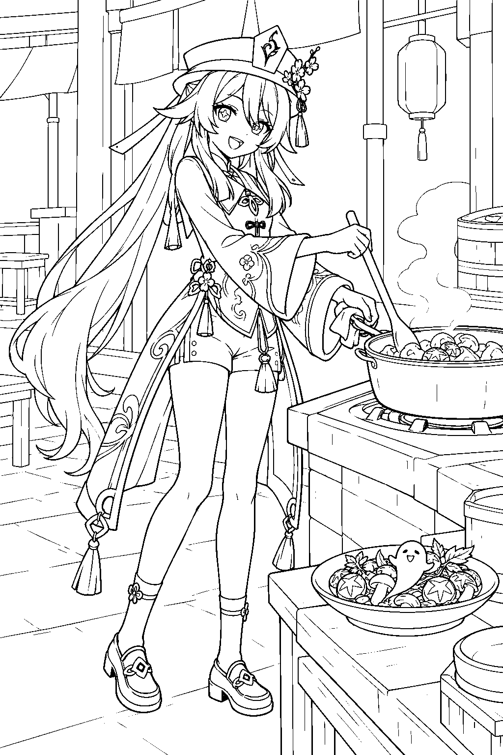 genshin impact hu tao cooking ghostly march with mushrooms at wanmin restaurant line art