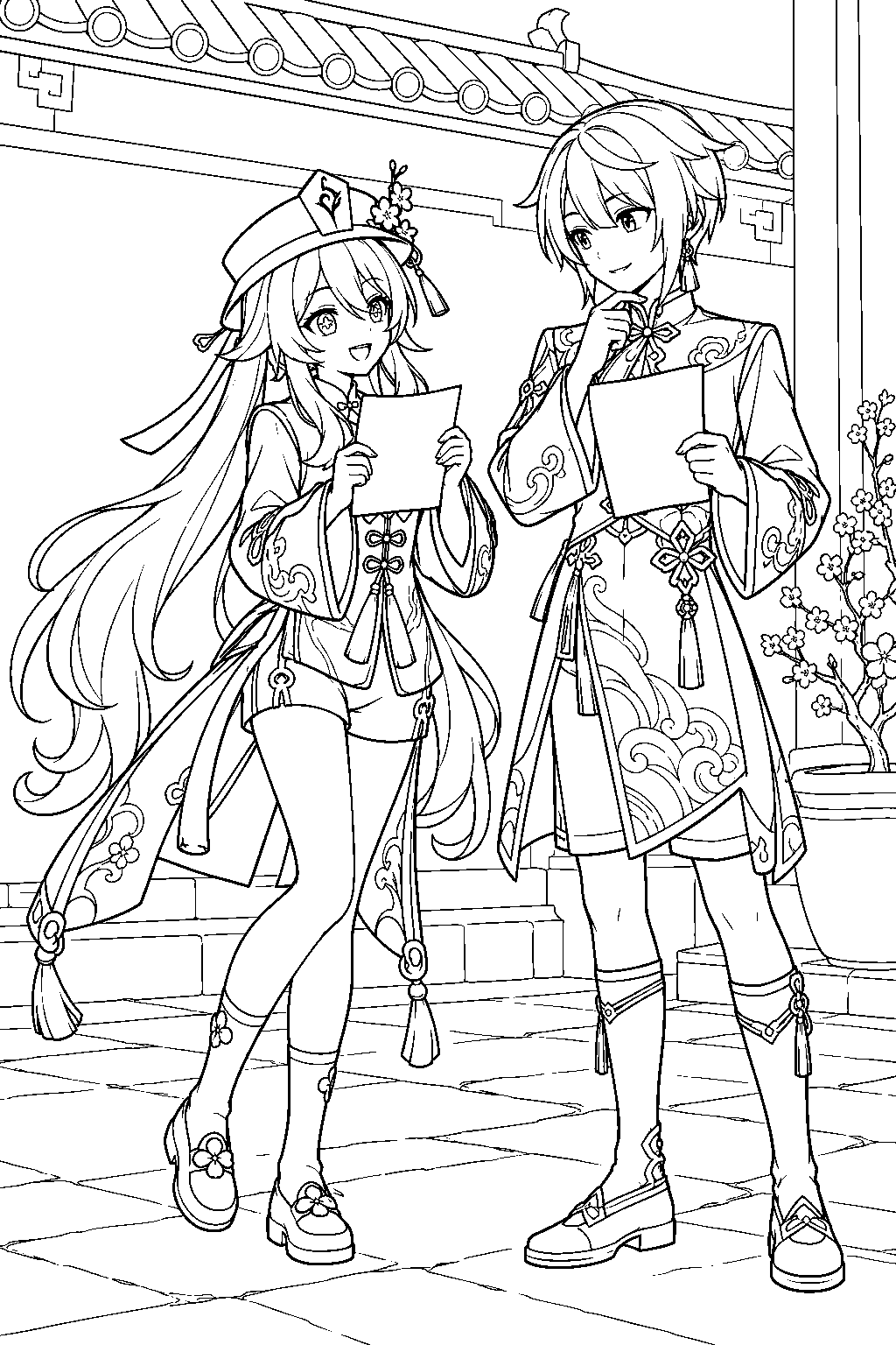 genshin impact hu tao exchanging poems with xingqiu in a liyue courtyard line art