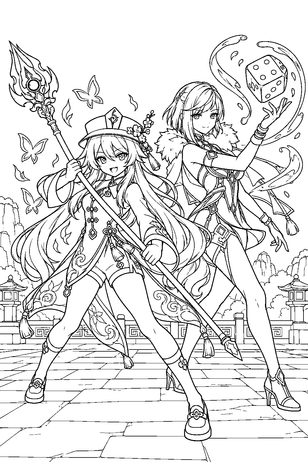 genshin impact hu tao fighting alongside yelan amid water dice and pyro butterflies line art