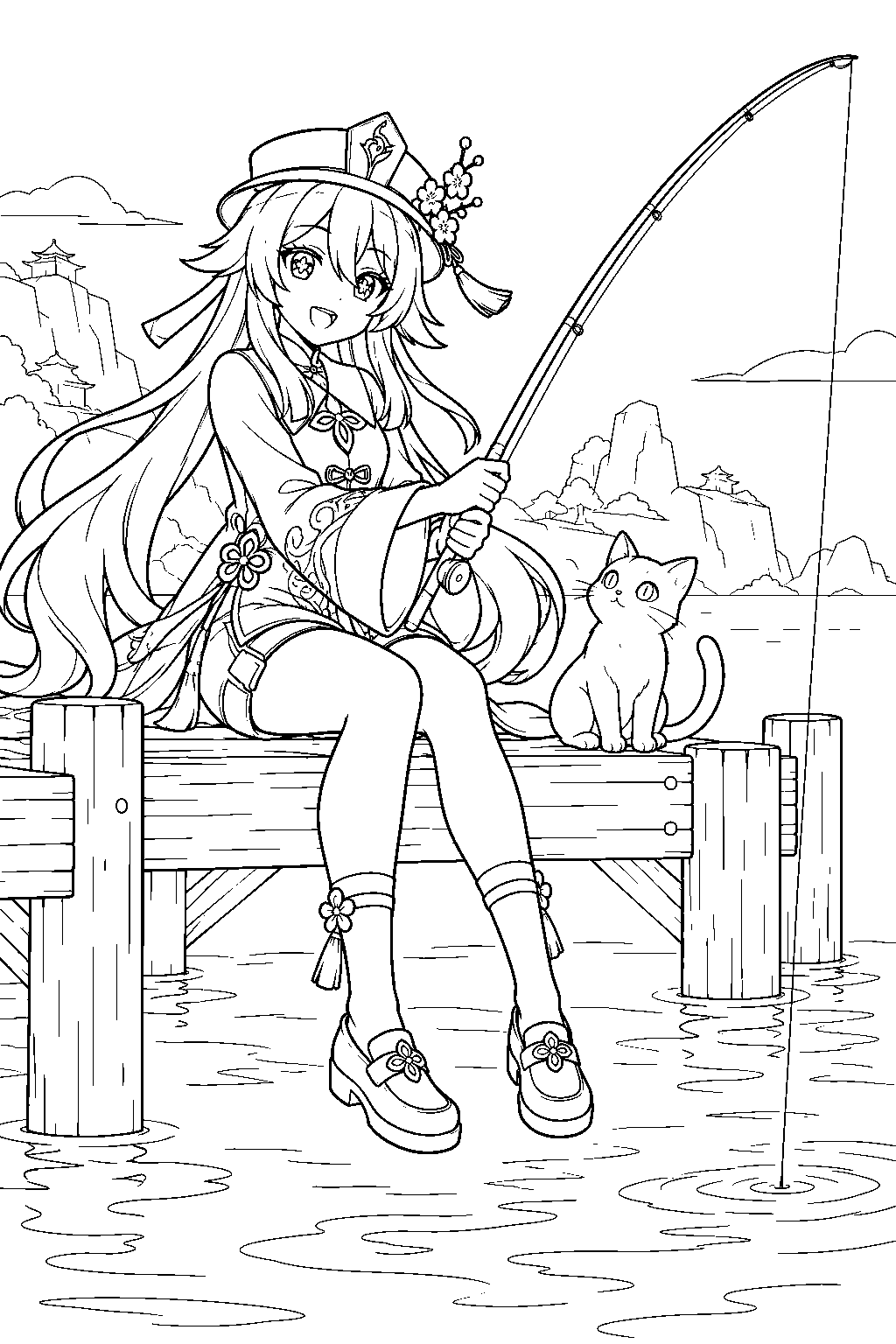 genshin impact hu tao fishing from a wooden pier while a small cat watches line art