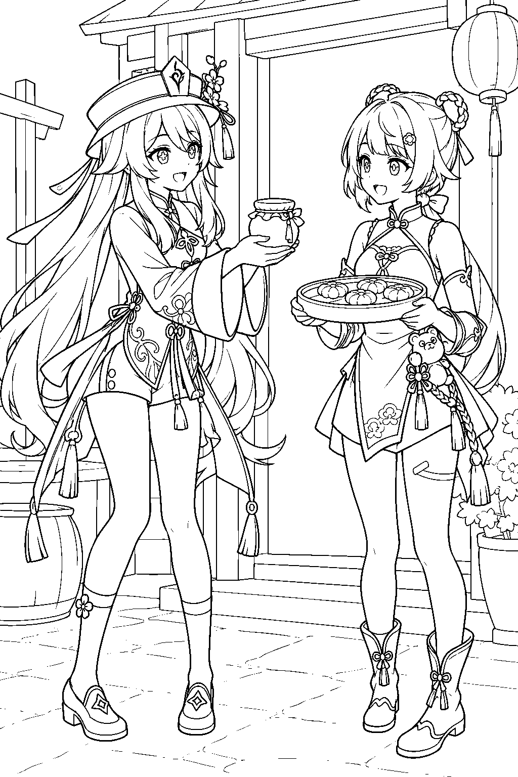 genshin impact hu tao giving fermented plum blossoms to xiangling for flower cakes line art
