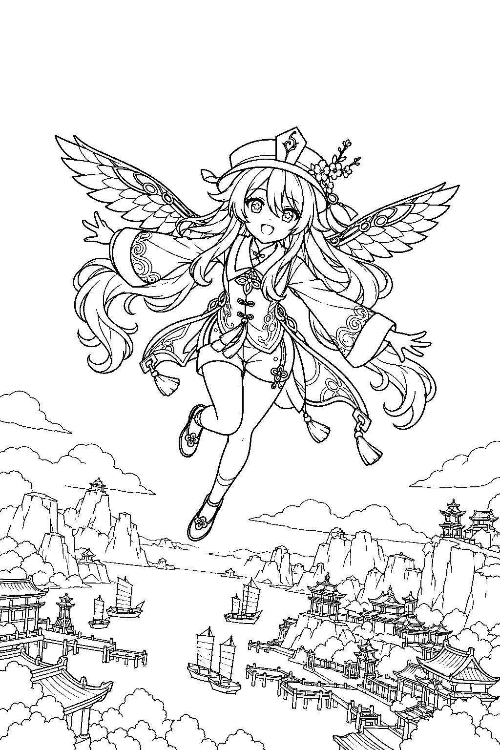genshin impact hu tao gliding above liyue harbor with her wind glider line art