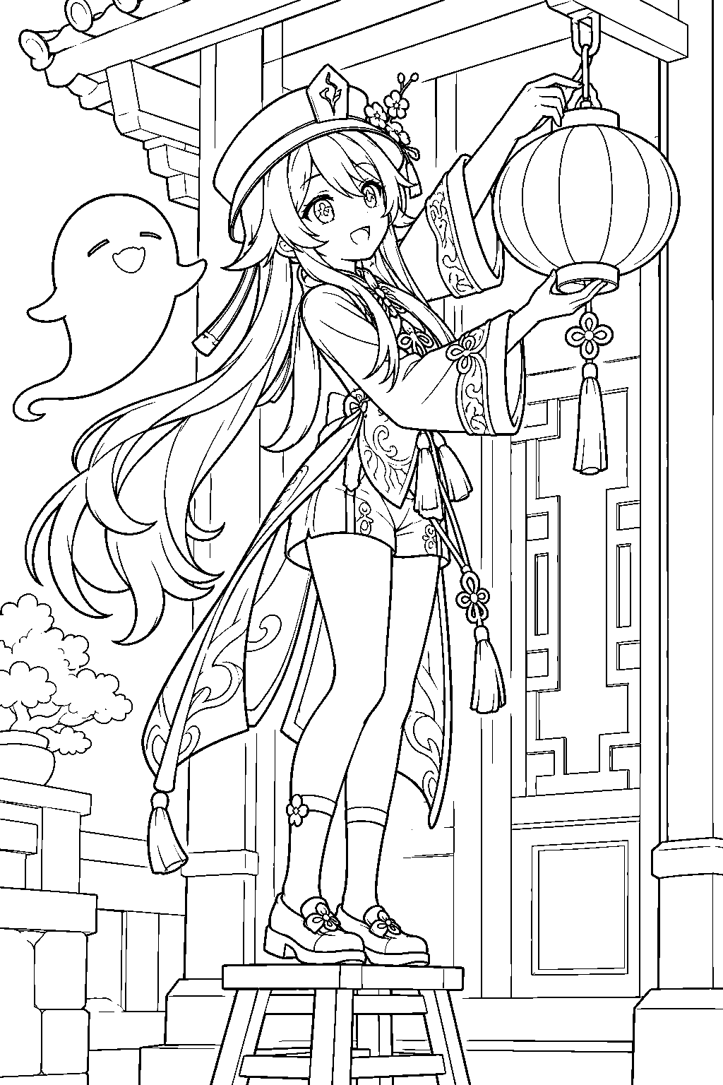 genshin impact hu tao hanging a festive lantern above the wangsheng funeral parlor doorway line art