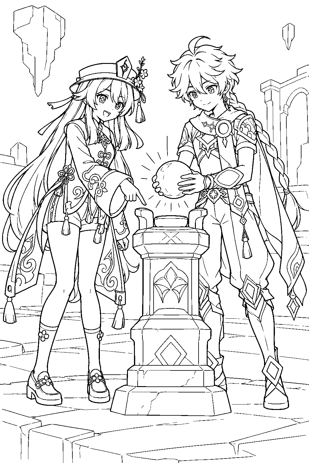 genshin impact hu tao helping aether place a glowing orb in a stone lamp inside the border domain line art